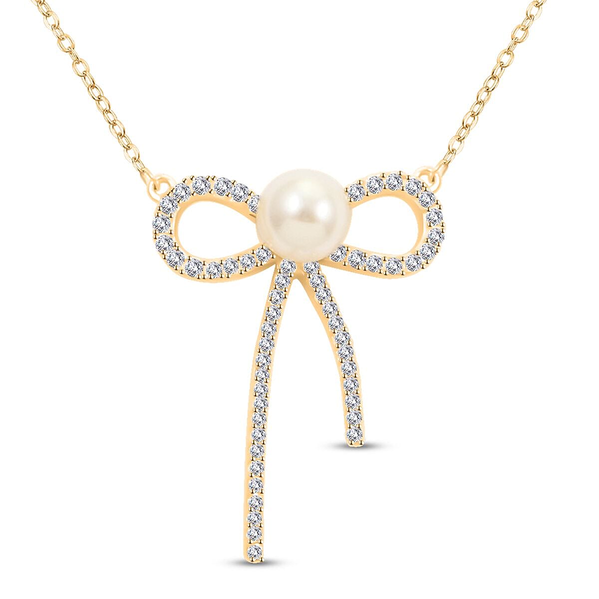 Freshwater Pearl and Simulated Diamond Bow Necklace 18 Inches in 14K Yellow Gold Over Sterling Silver 0.30 ctw