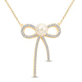 Freshwater Pearl and Simulated Diamond Bow Necklace 18 Inches in 14K Yellow Gold Over Sterling Silver 0.30 ctw - Sticky add to cart bar
