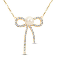Freshwater Pearl and Simulated Diamond Bow Necklace 18 Inches in 14K Yellow Gold Over Sterling Silver 0.30 ctw