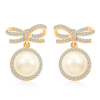 Freshwater Pearl and Simulated Diamond Bow Stud Earrings in 14K Yellow Gold Over Sterling Silver 0.40 ctw