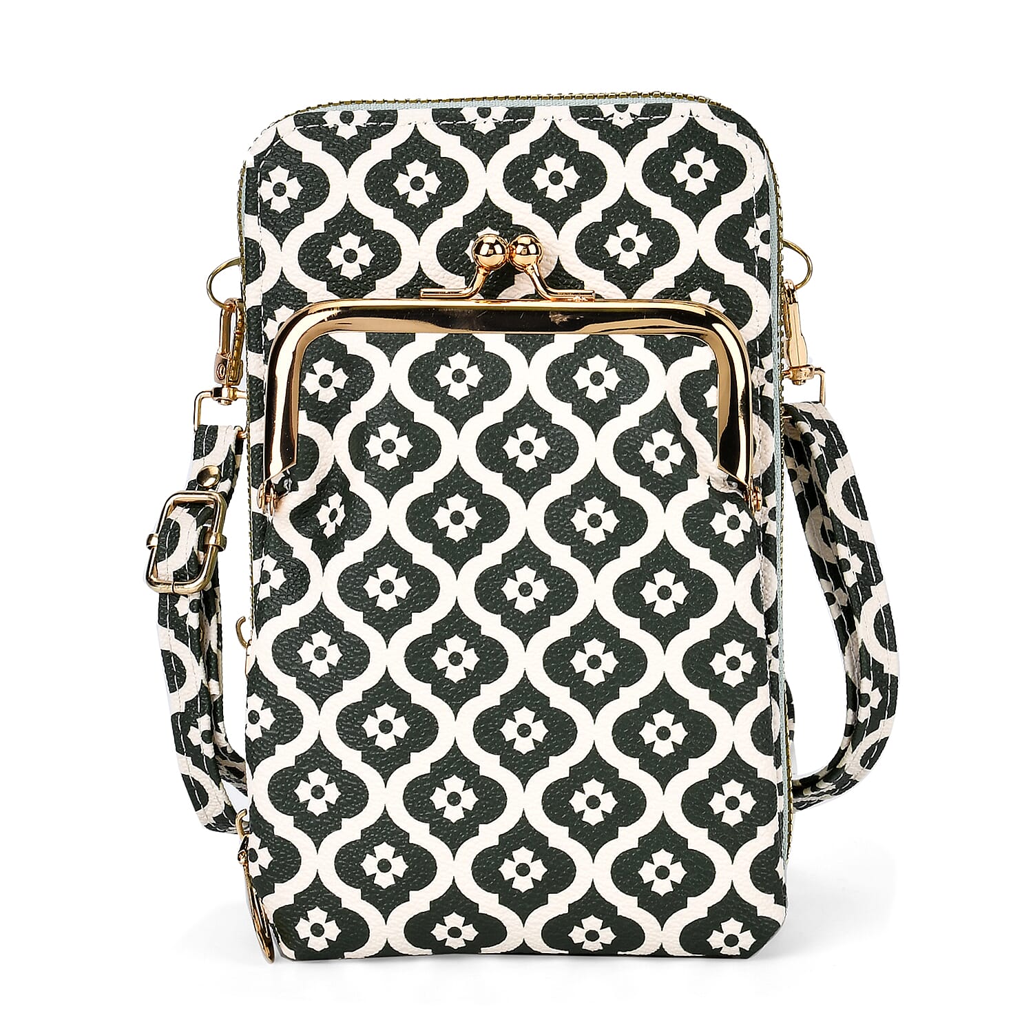 Green Flower Print Faux Leather Crossbody Cell Phone Bag (7"x4.5"x2.4")