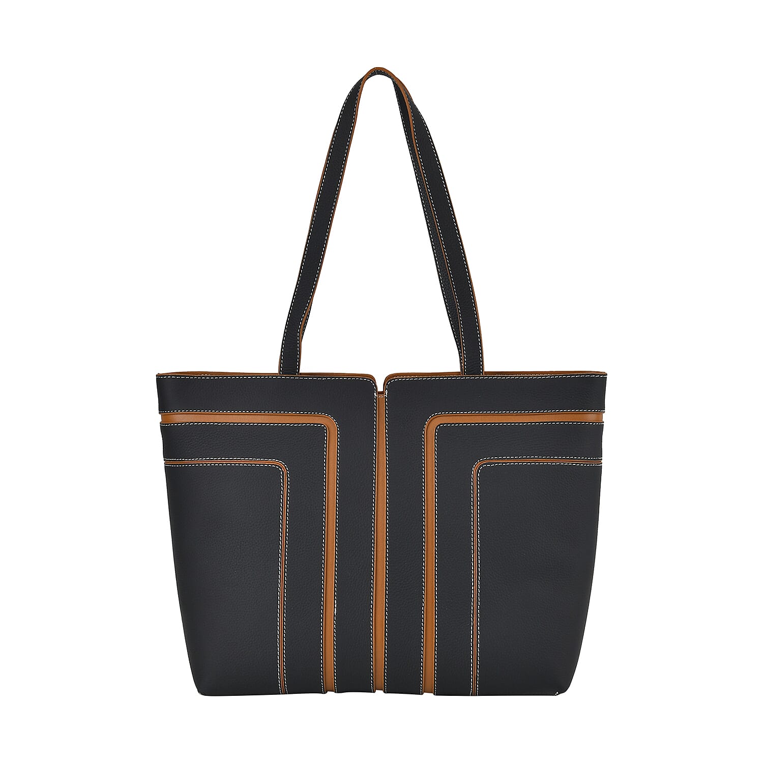 Black with Brown Genuine Leather Tote Bag (12.6"x4.7"x11")