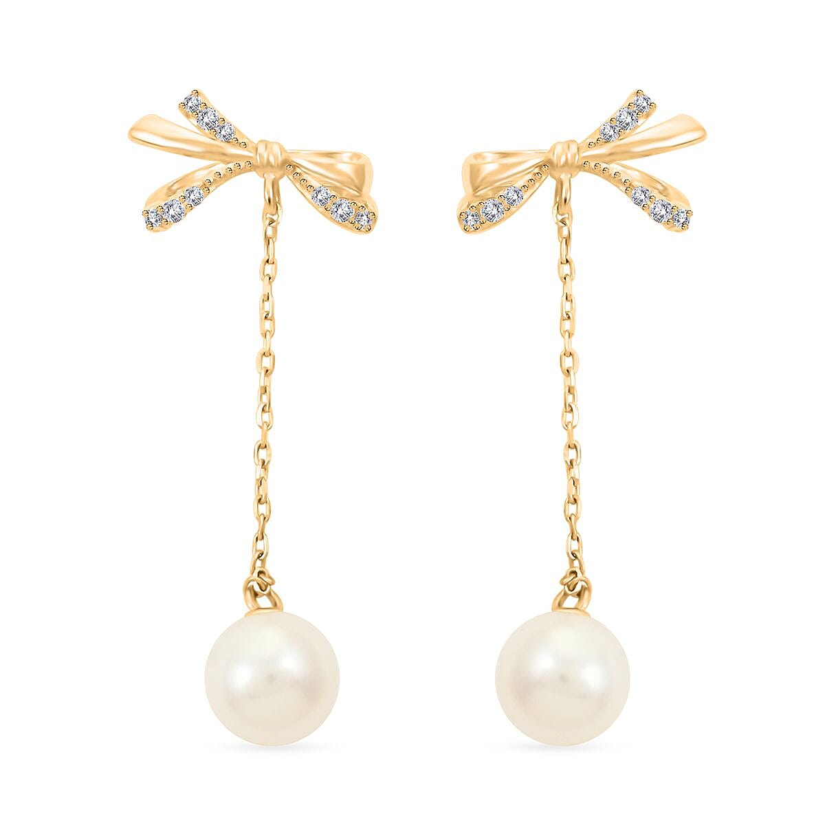 White Shell Pearl and Simulated Diamond Bow Earrings in 14K Yellow Gold Over Sterling Silver, Shell Pearl Jewelry, Birthday Gift For Her 0.20 ctw