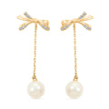 White Shell Pearl and Simulated Diamond Bow Earrings in 14K Yellow Gold Over Sterling Silver, Shell Pearl Jewelry, Birthday Gift For Her 0.20 ctw - Sticky add to cart bar