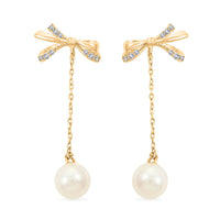 White Shell Pearl and Simulated Diamond Bow Earrings in 14K Yellow Gold Over Sterling Silver, Shell Pearl Jewelry, Birthday Gift For Her 0.20 ctw