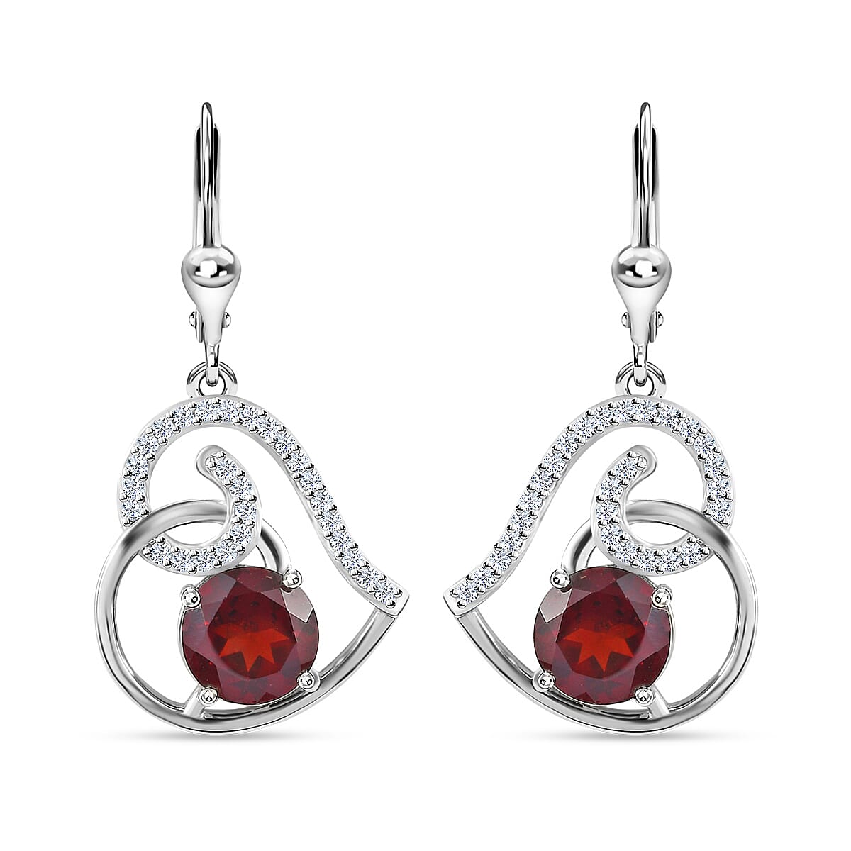 Mozambique Garnet, Moissanite Lever Back Heart Earrings in Platinum Over Sterling Silver 5.30 ctw