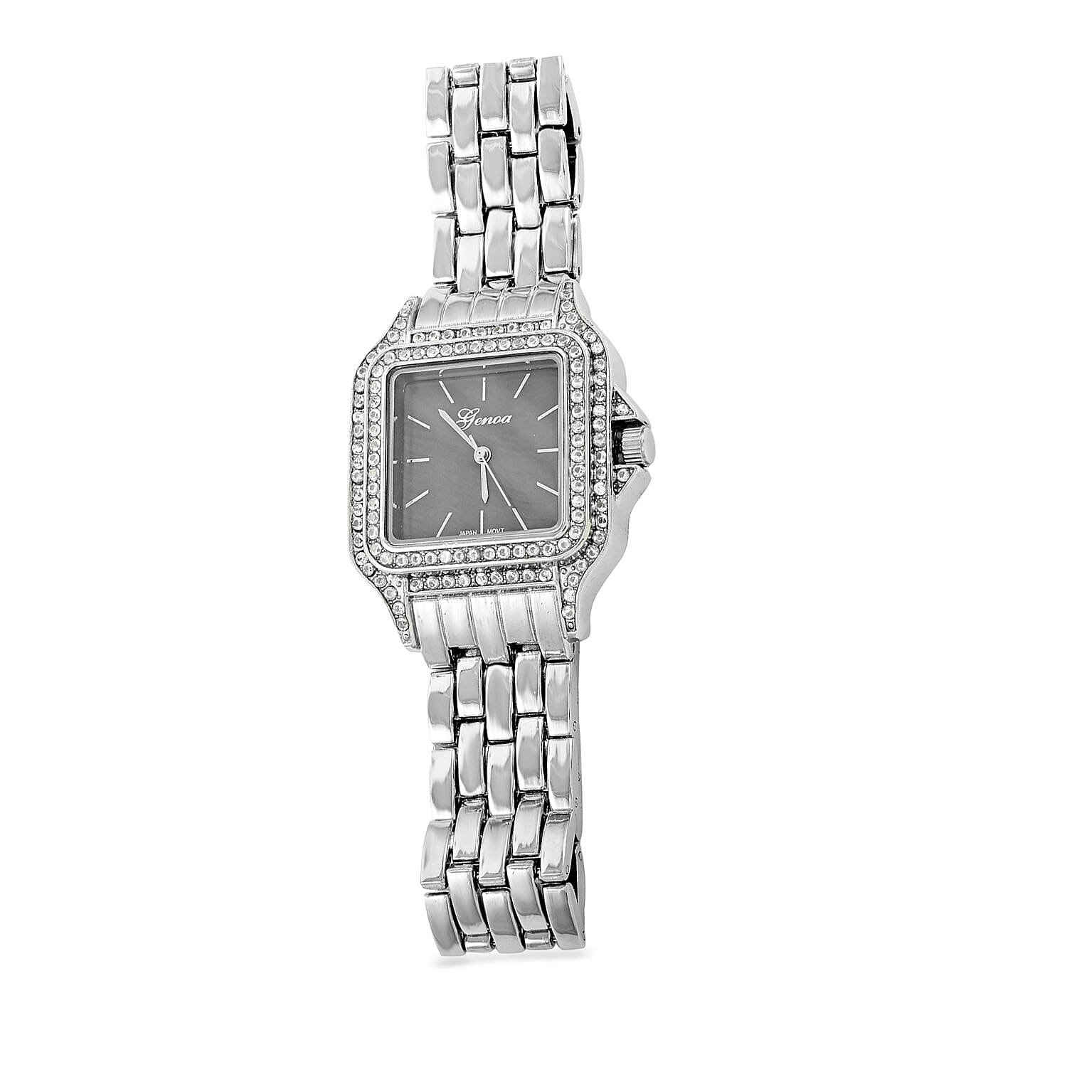 Genoa Simulated Diamond Miyota Japanese Movement Black MOP Dial Watch in Silvertone Strap (33.27mm) (6.0-7.75 Inch) 1.75 ctw