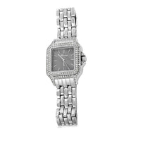 Genoa Simulated Diamond Miyota Japanese Movement Black MOP Dial Watch in Silvertone Strap (33.27mm) (6.0-7.75 Inch) 1.75 ctw
