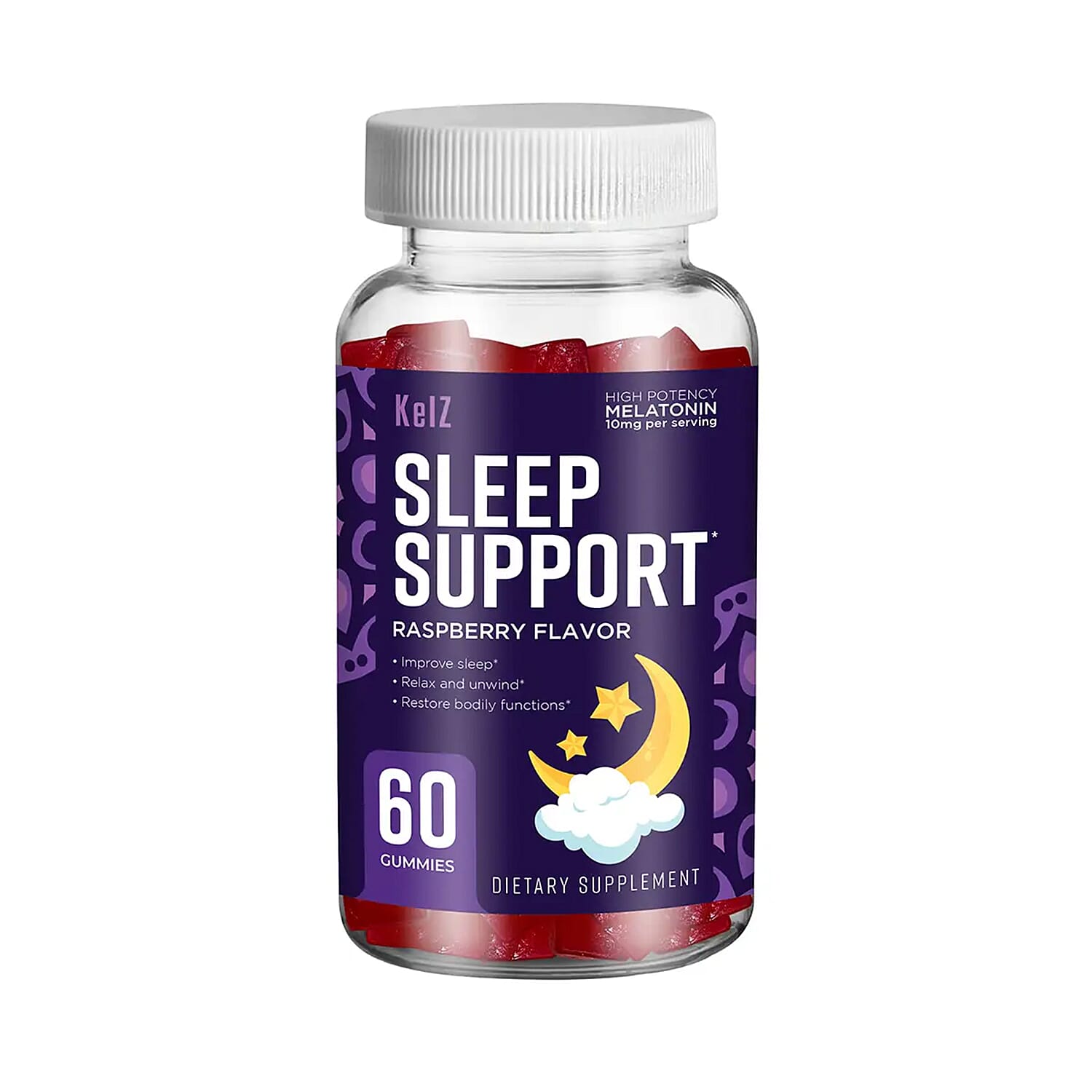 Kelz Melatonin Sleep Support Supplement (Raspberry Flavor) 60 Gummies