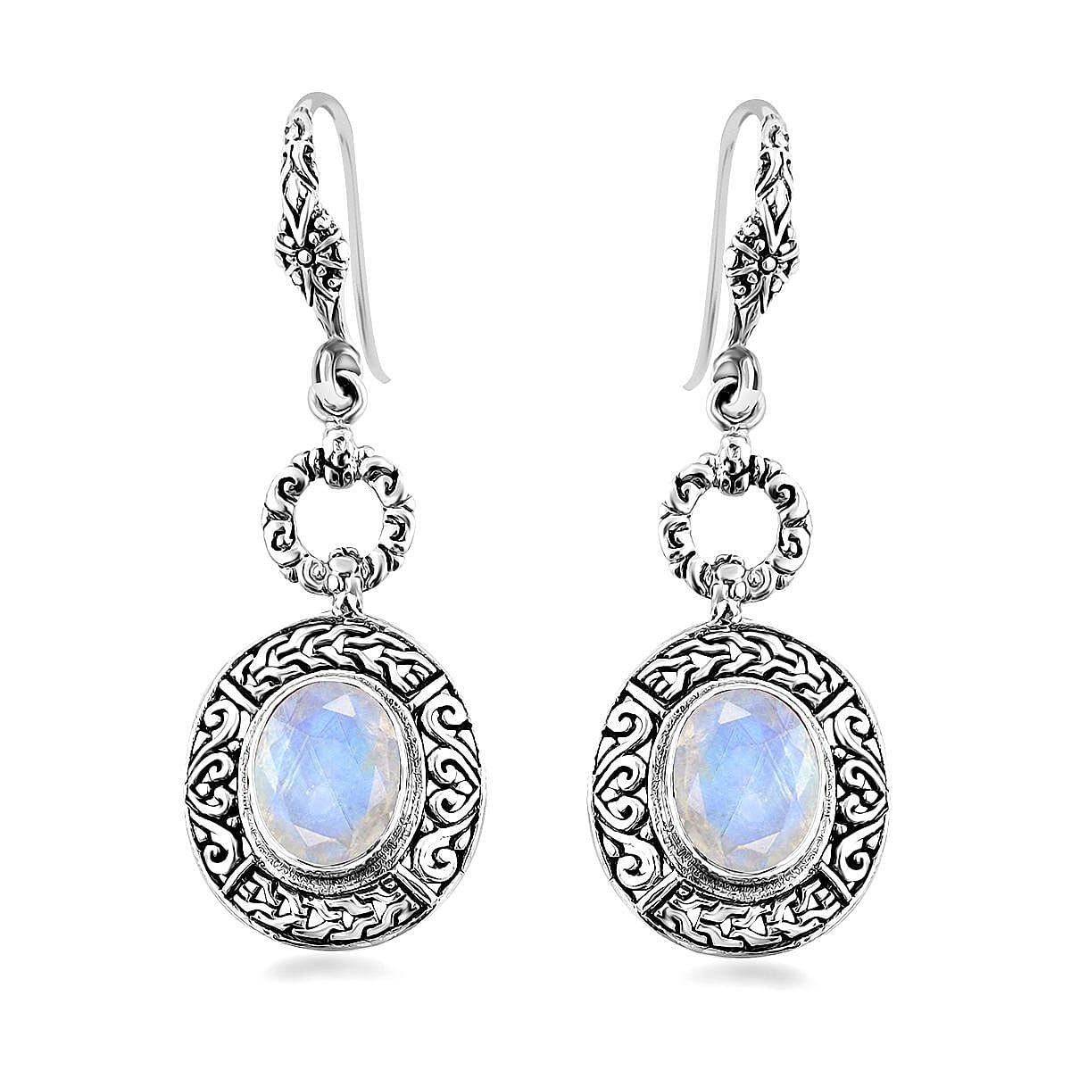 Bali Legacy Premium Rainbow Moonstone Tulang Naga Texture Dangle Earrings in Sterling Silver 6.30 ctw