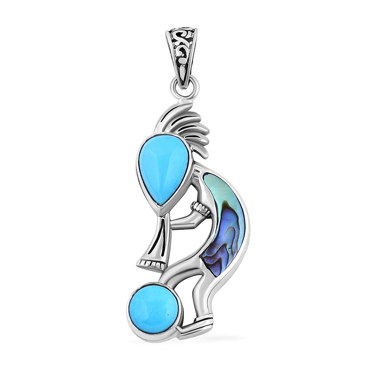 Bali Legacy Sleeping Beauty Turquoise and Abalone Shell Kokopelli Pendant without Chain in Sterling Silver 4.40 ctw