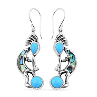 Bali Legacy Sleeping Beauty Turquoise and Abalone Shell 3.65 ctw Kokopelli Earrings in Sterling Silver