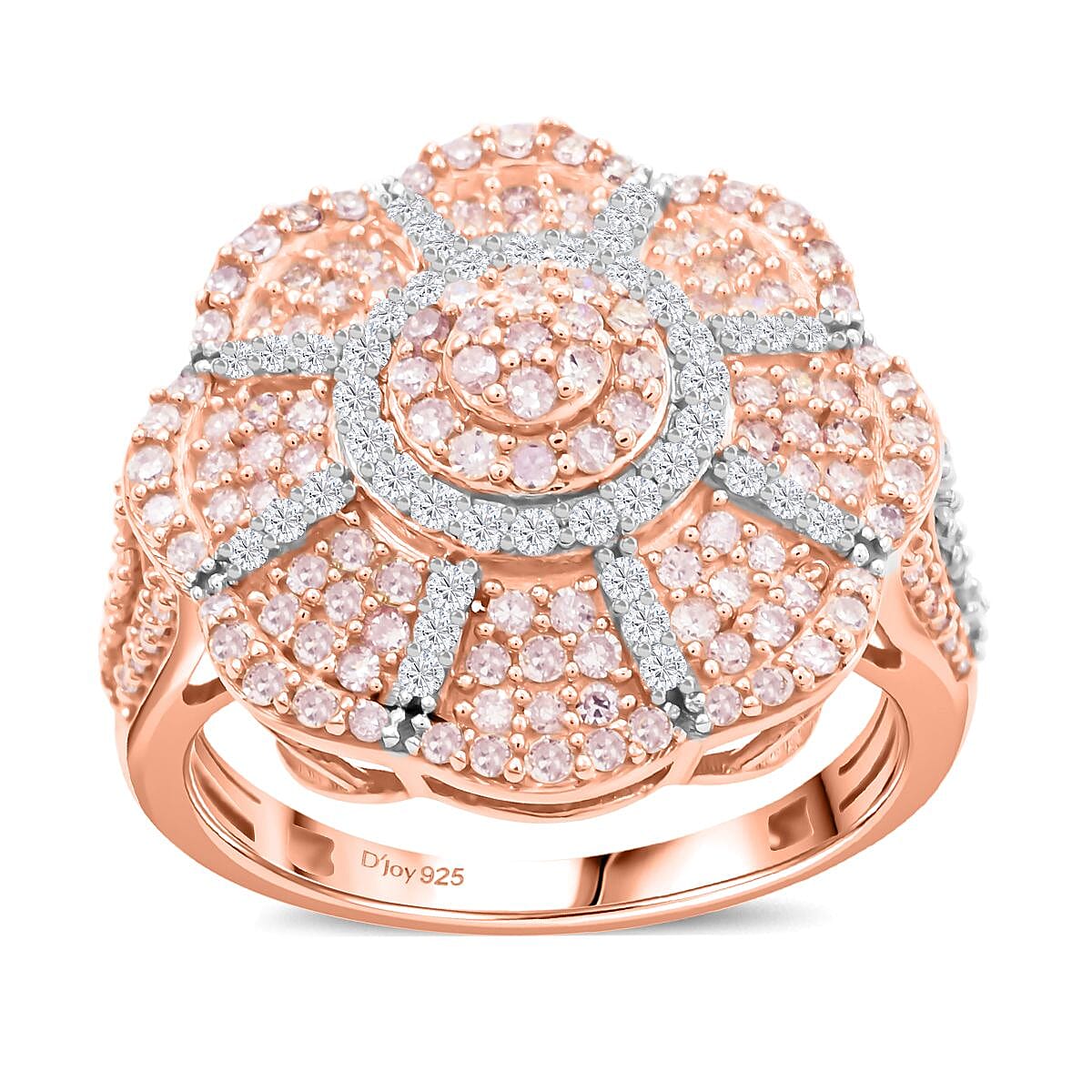 Natural Pink and White Diamond Floral Ring in Vermeil Rose Over Sterling Silver 1.00 ctw