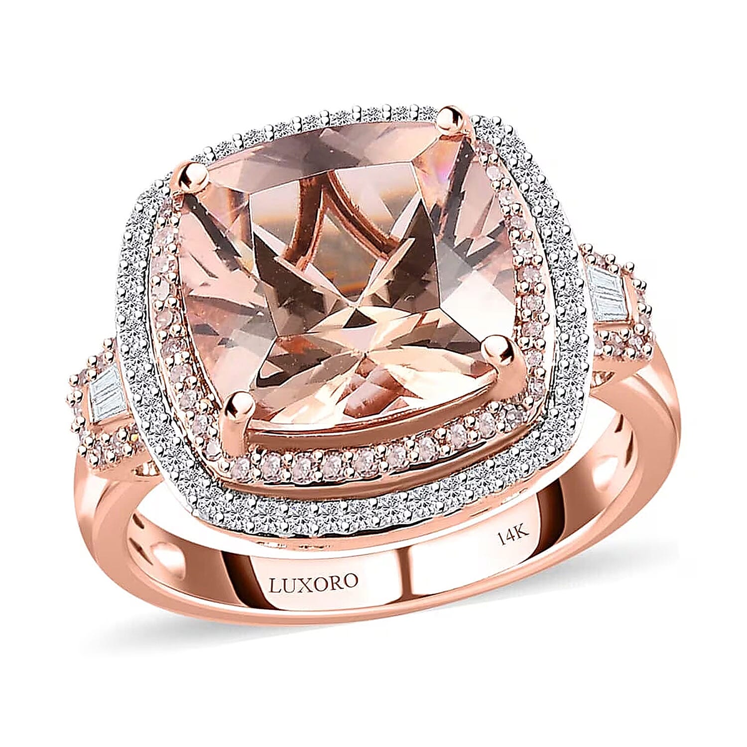 Luxoro 14K Rose Gold AAA Marropino Morganite, Natural Pink and White Diamond I2-I3 Double Halo Ring (Size 9.0) 6.70 Grams 7.00 ctw (Del. in 10-12 Days)