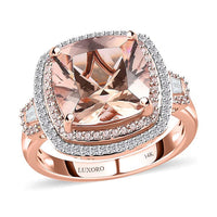 Luxoro 14K Rose Gold AAA Marropino Morganite, Natural Pink and White Diamond I2-I3 Double Halo Ring (Size 9.0) 6.70 Grams 7.00 ctw (Del. in 10-12 Days)