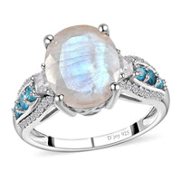 Premium Rainbow Moonstone, Multi Gemstone Ring in Platinum Over Sterling Silver (Size 10.0) 5.85 ctw