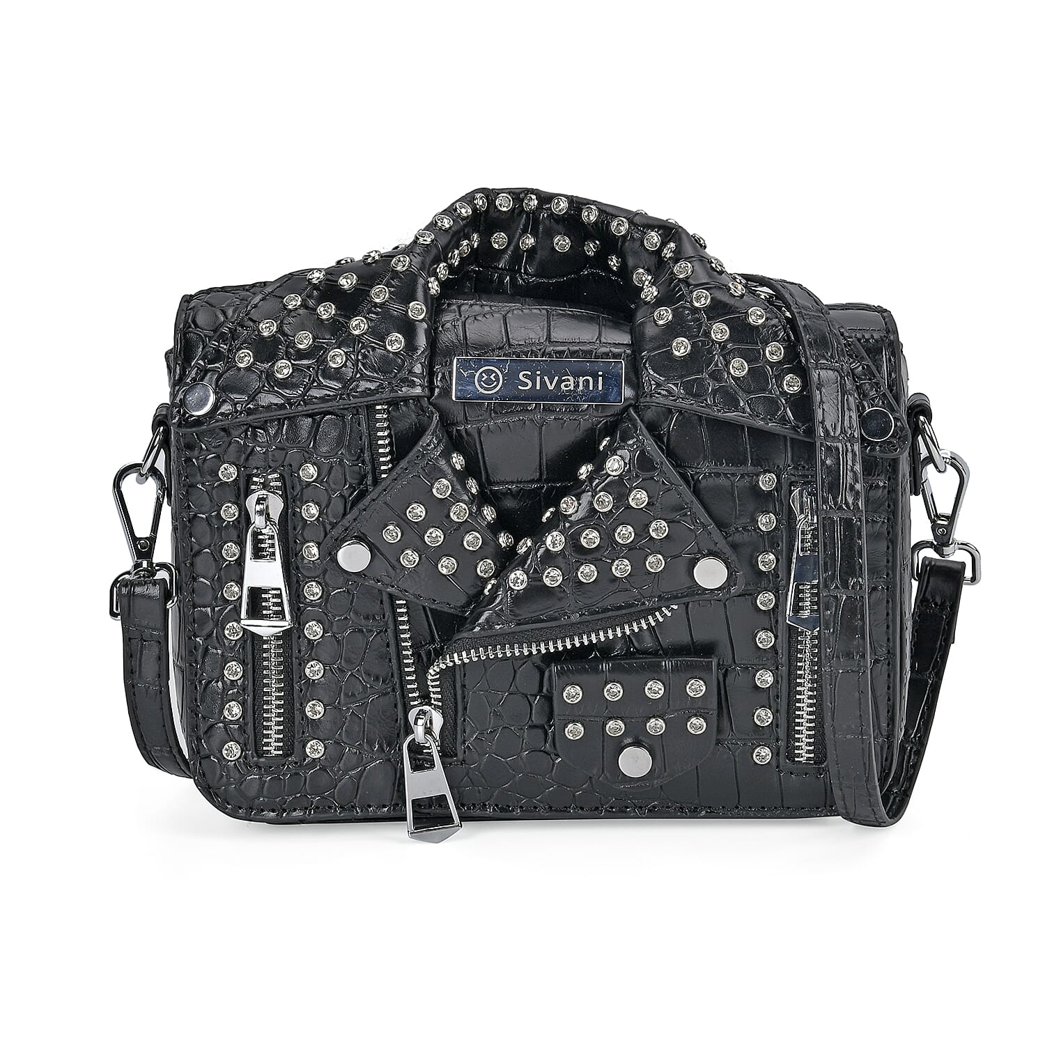 Sivani Life style Black Crocodile Embossed Faux Leather Crossbody Jacket Bag (8.7"x3"x4.7") with Detachable Chain Shoulder Strap