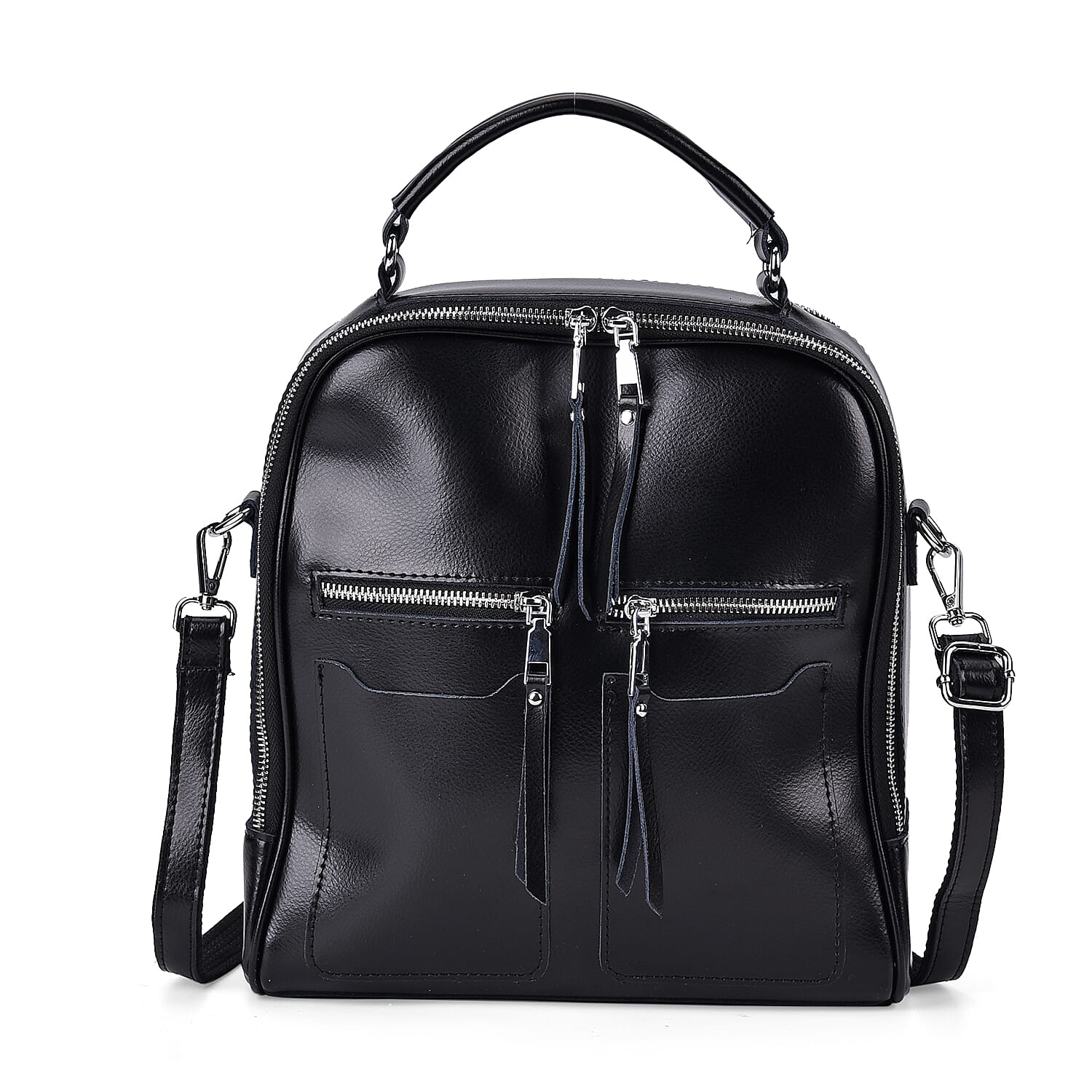 Black Genuine Leather Backpack (10.6"x3.1"x9.84") with Crossbody Strap