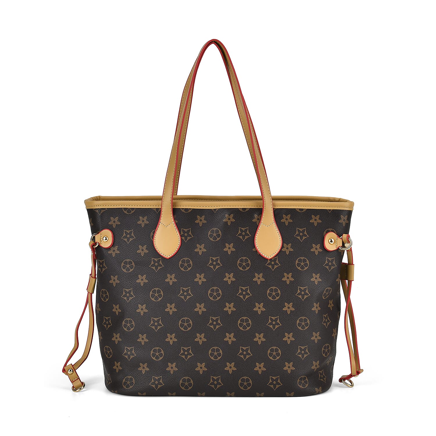 Dark Brown with Flower Print Faux Leather Tote Bag (15.7"x6.3"x11.4") with Apricot Handle