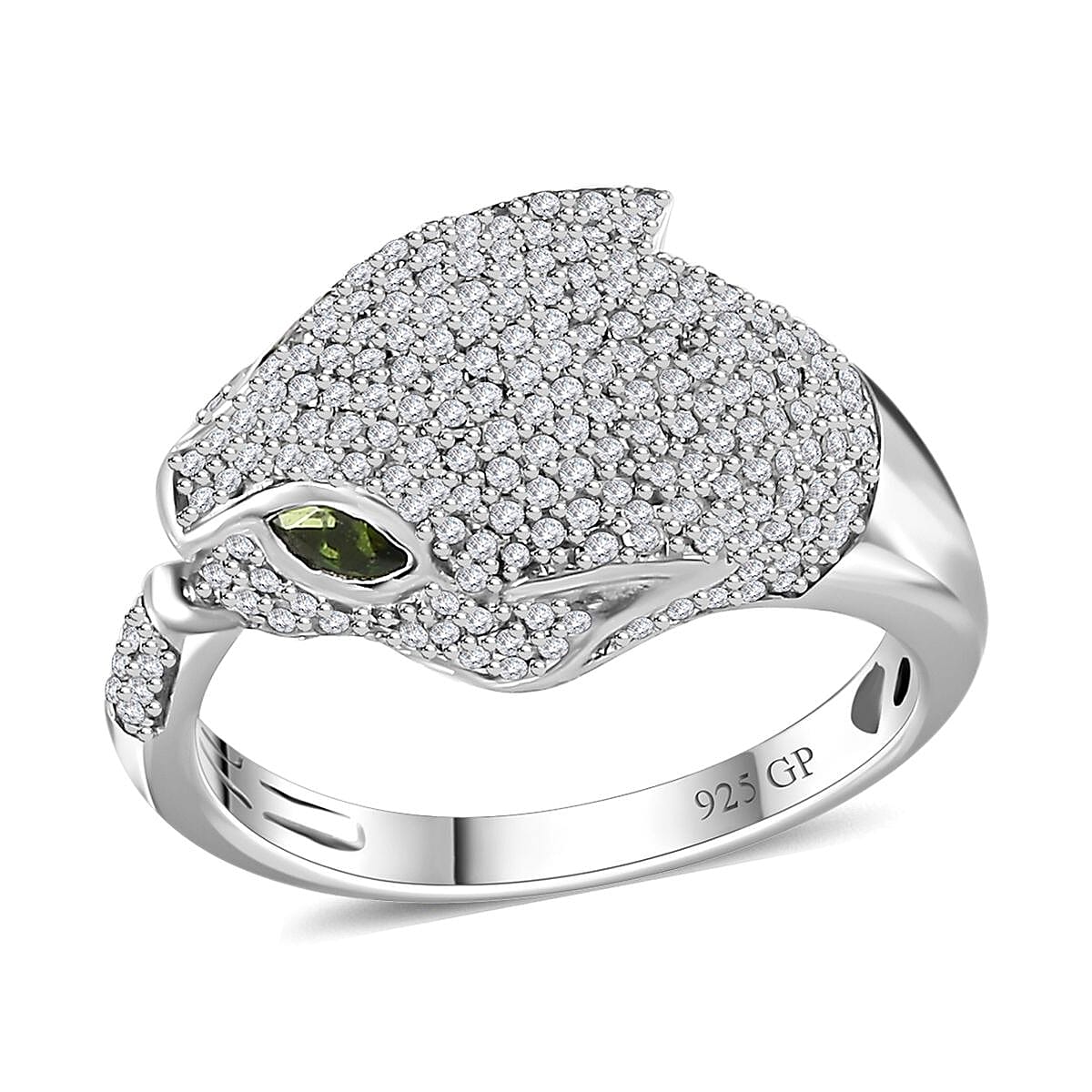 GP Chrome Diopside and Diamond Panther Head Ring in Platinum Over Sterling Silver (Size 10.0) 1.25 ctw