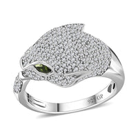 GP Chrome Diopside and Diamond Panther Head Ring in Platinum Over Sterling Silver (Size 10.0) 1.25 ctw