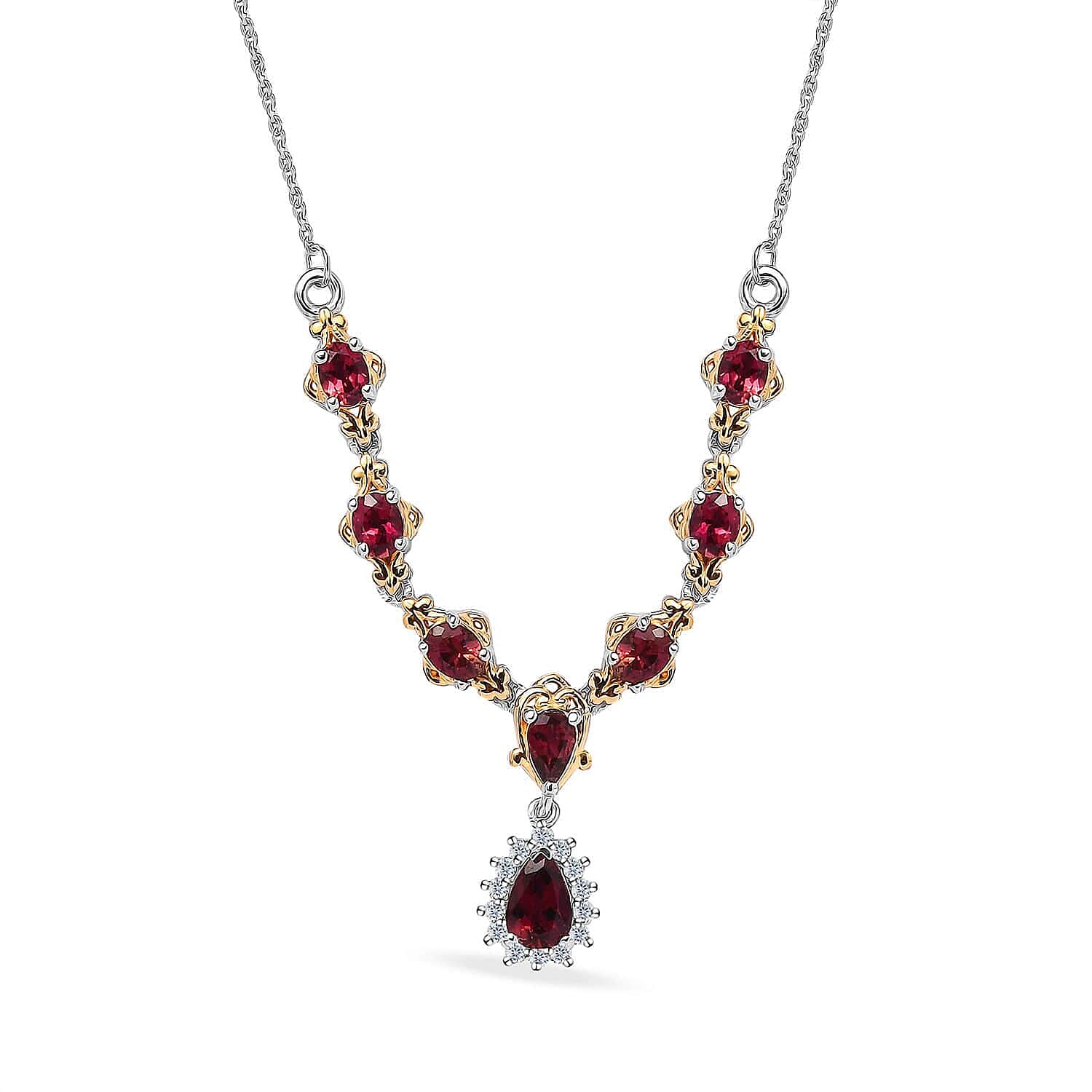 D'Joy Ouro Fino Rubellite and White Zircon Necklace 18-20 Inches in Vermeil YG and Platinum Over Sterling Silver 1.80 ctw