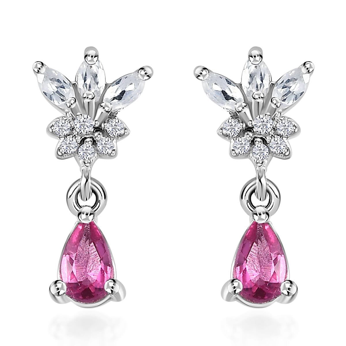 Ouro Fino Rubellite and White Zircon Drop Earrings in Platinum Over Sterling Silver 0.65 ctw