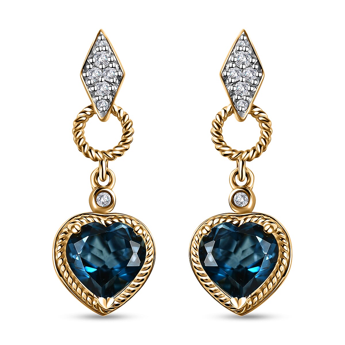 London Blue Topaz and Moissanite Earrings in Platinum and Vermeil Yellow Gold Over Sterling Silver 4.40 ctw