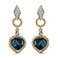London Blue Topaz and Moissanite Earrings in Platinum and Vermeil Yellow Gold Over Sterling Silver 4.40 ctw