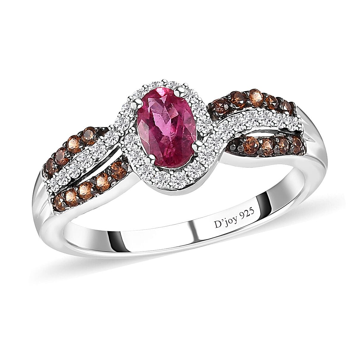 Premium Ouro Fino Rubellite, Brown and White Zircon Ring in Platinum Over Sterling Silver (Size 10.0) 0.90 ctw