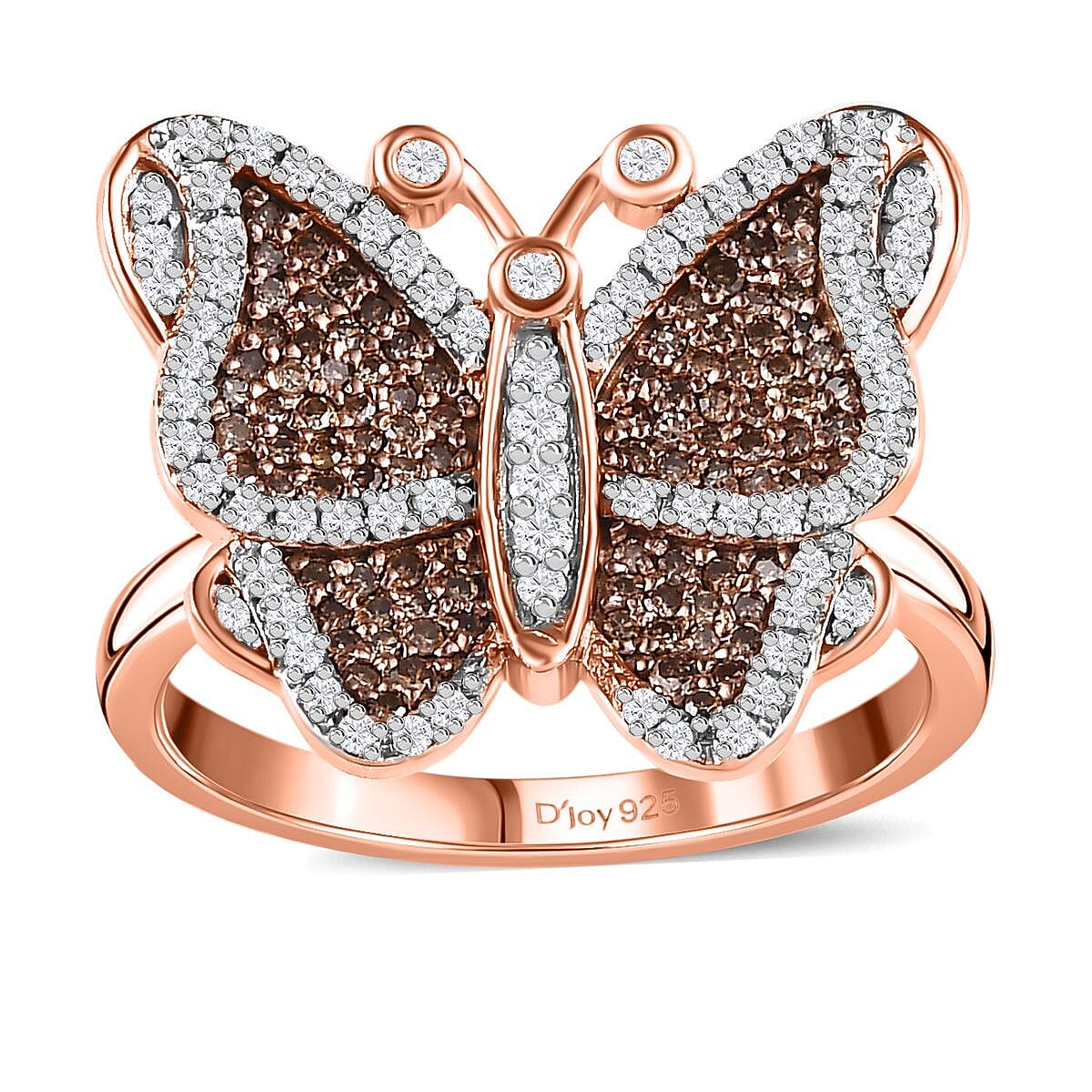Natural Champagne and White Diamond Butterfly Ring in Vermeil RG Over Sterling Silver (Size 10.0) 0.75 ctw
