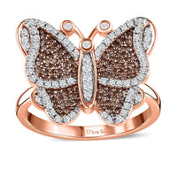 Natural Champagne and White Diamond Butterfly Ring in Vermeil RG Over Sterling Silver (Size 10.0) 0.75 ctw