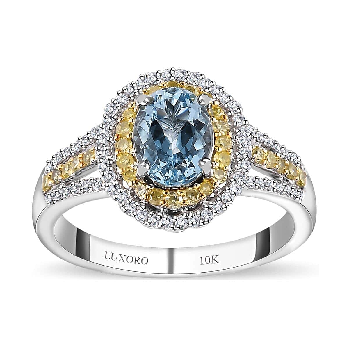 Luxoro 10K White Gold Premium Santa Maria Aquamarine, Natural Yellow and White Diamond (I2-I3) (0.50 cts) Ring (Size 8.0) (4.35 g) (Del. in 10-12 Days) 1.65 ctw