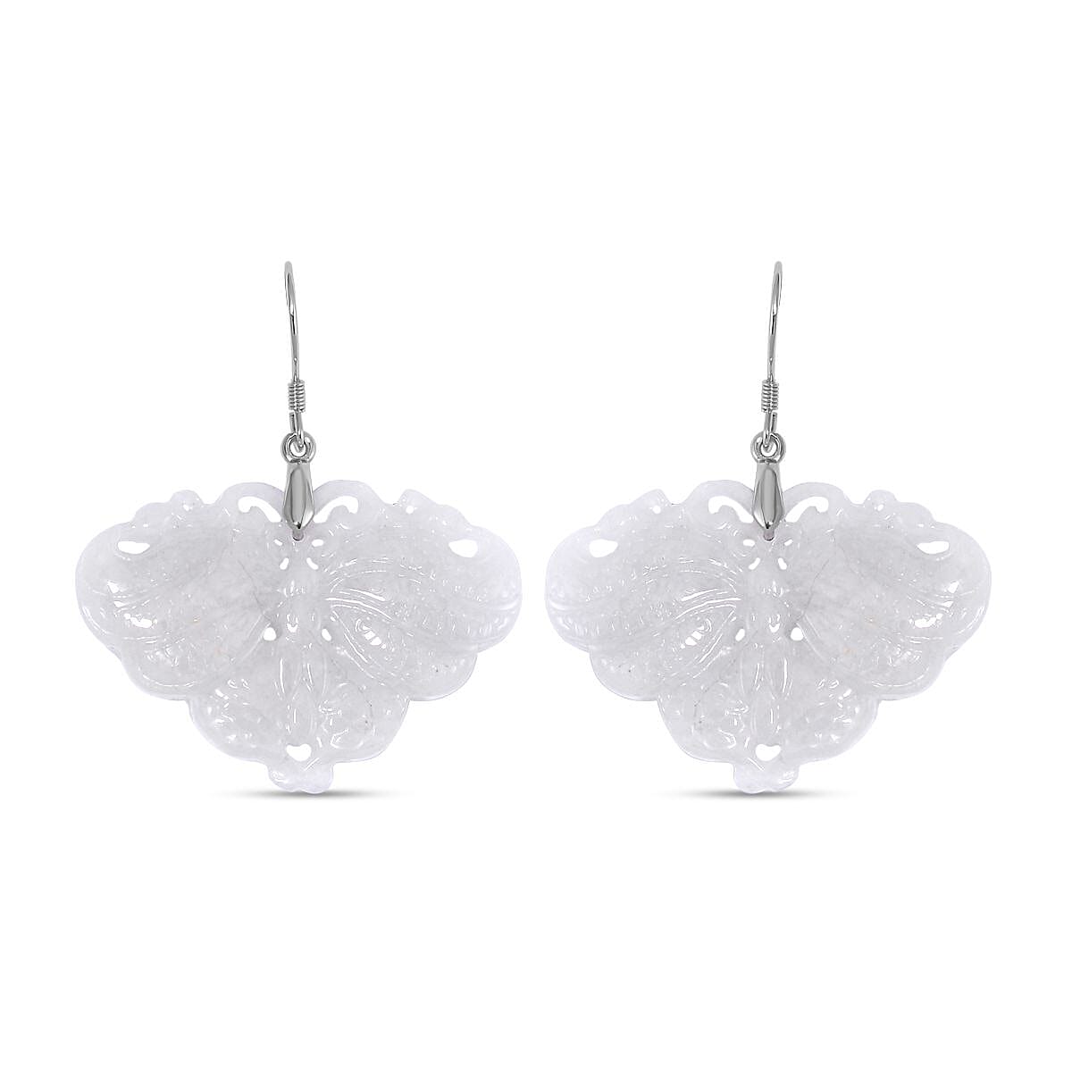 Natural Jade Carved Butterfly Earrings in Rhodium Over Sterling Silver 62.00 ctw