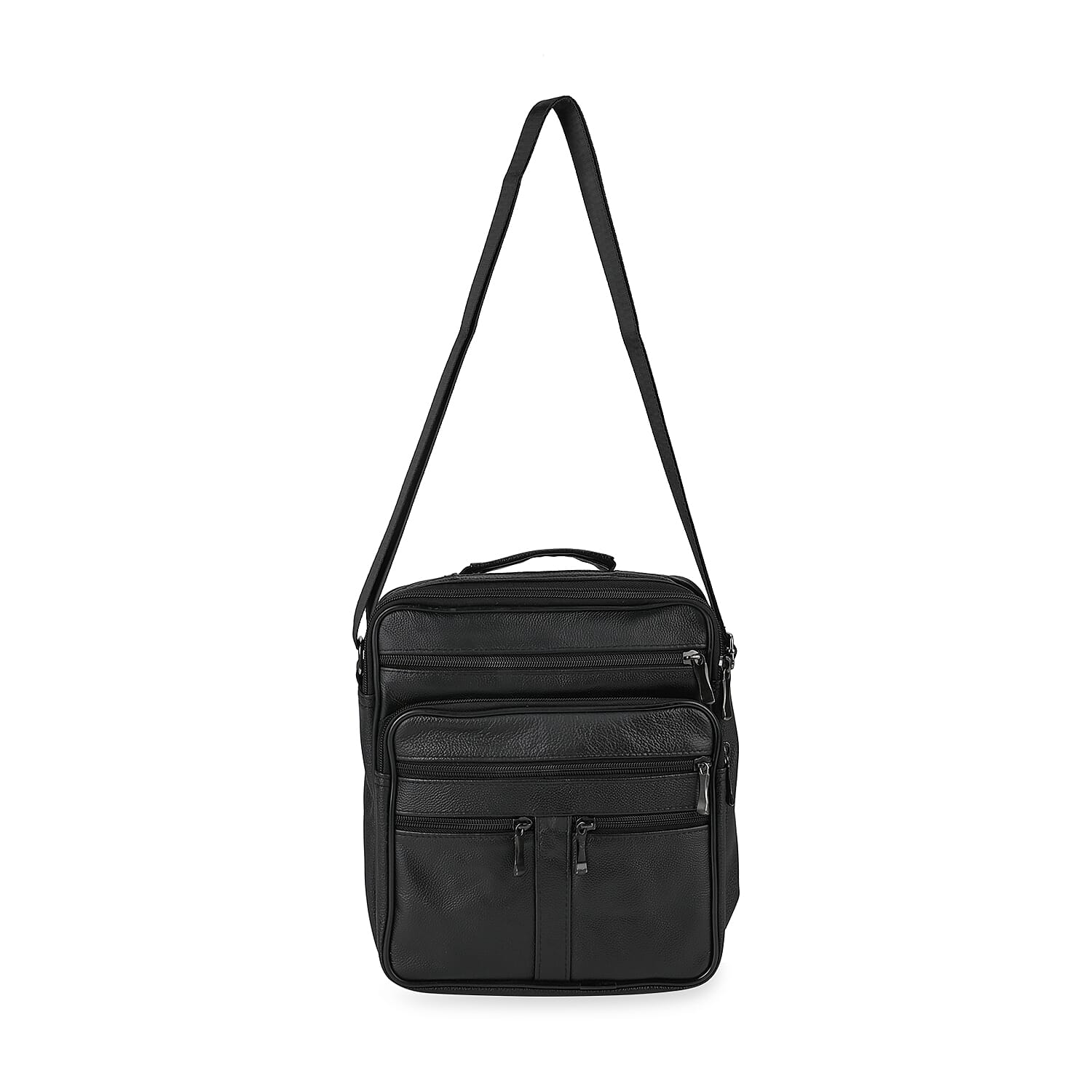 Black Genuine Leather Men's Crossbody Bag with Croc-Embossed Pattern Flap
