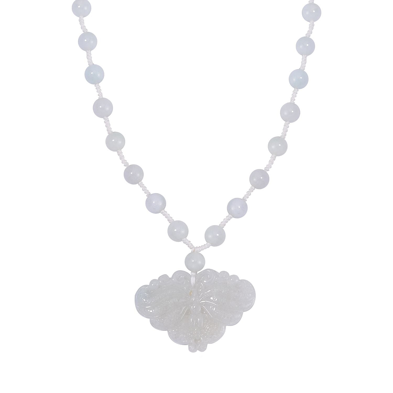 Natural Jade Carved Butterfly Necklace (20 Inches) in Rhodium Over Sterling Silver 200.00 ctw