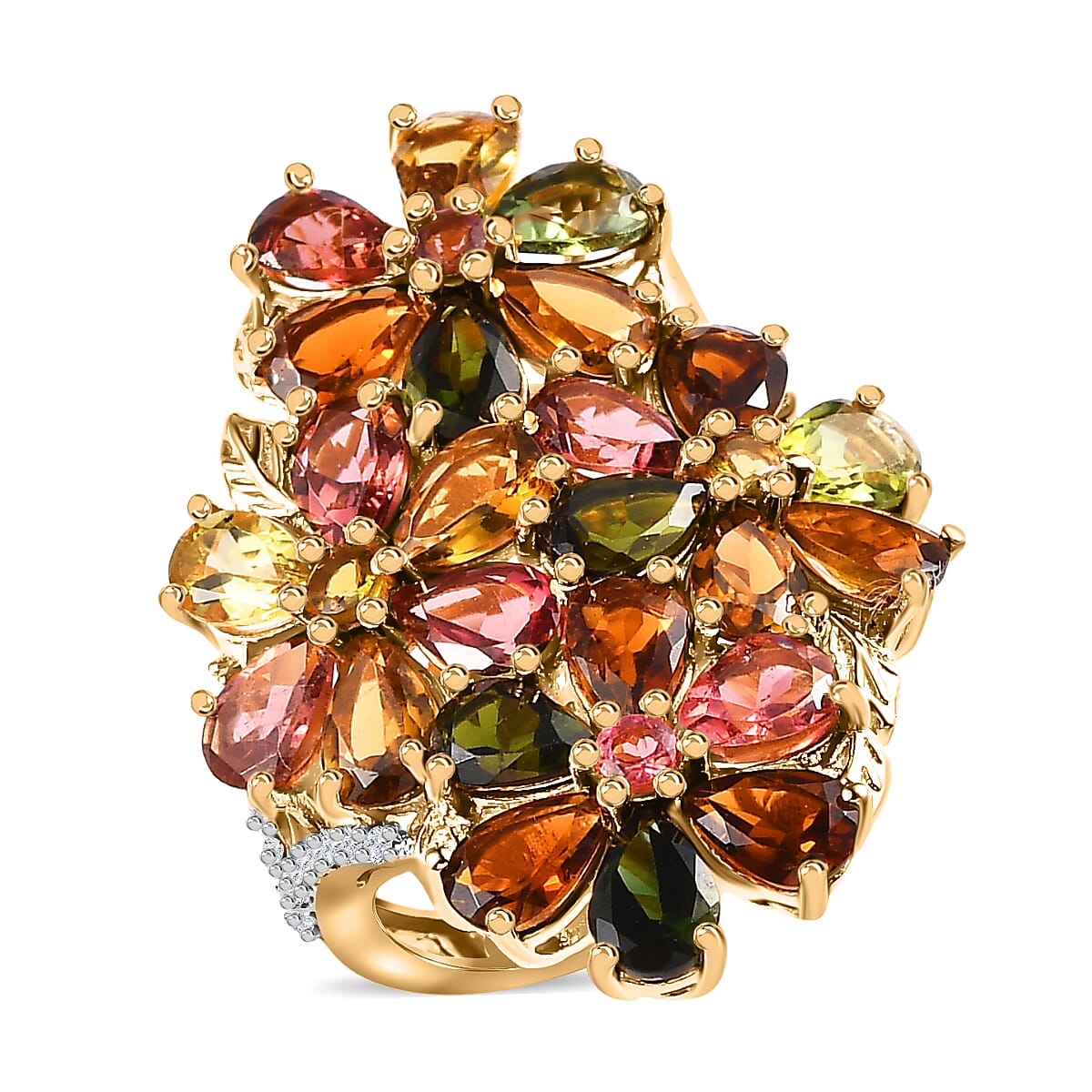 Multi-Tourmaline, Moissanite Floral Ring in Vermeil YG Over Sterling Silver (Size 10.0) 9.30 ctw