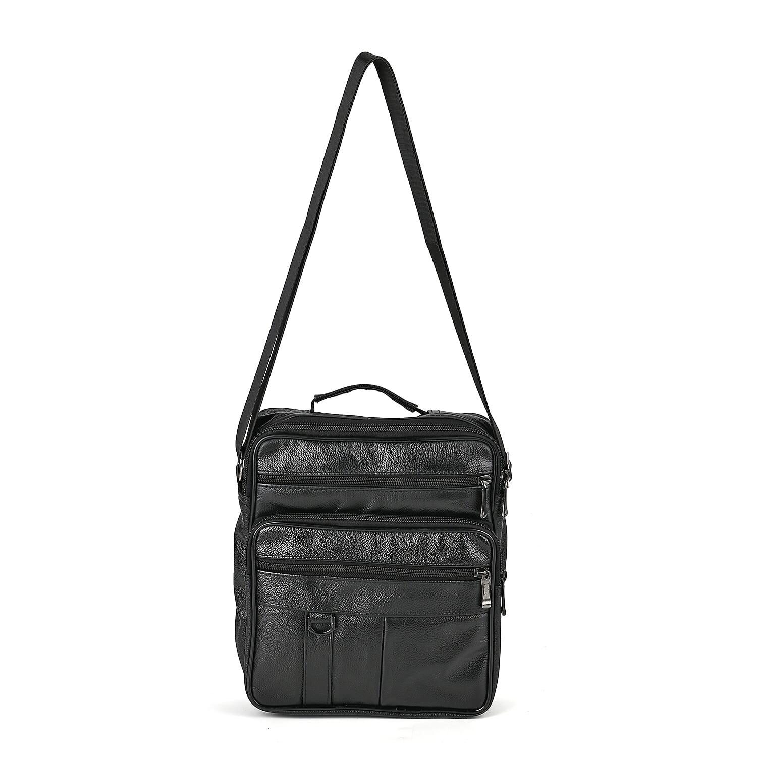 Black Genuine Leather Men's Crossbody Bag with Croc-Embossed Flap