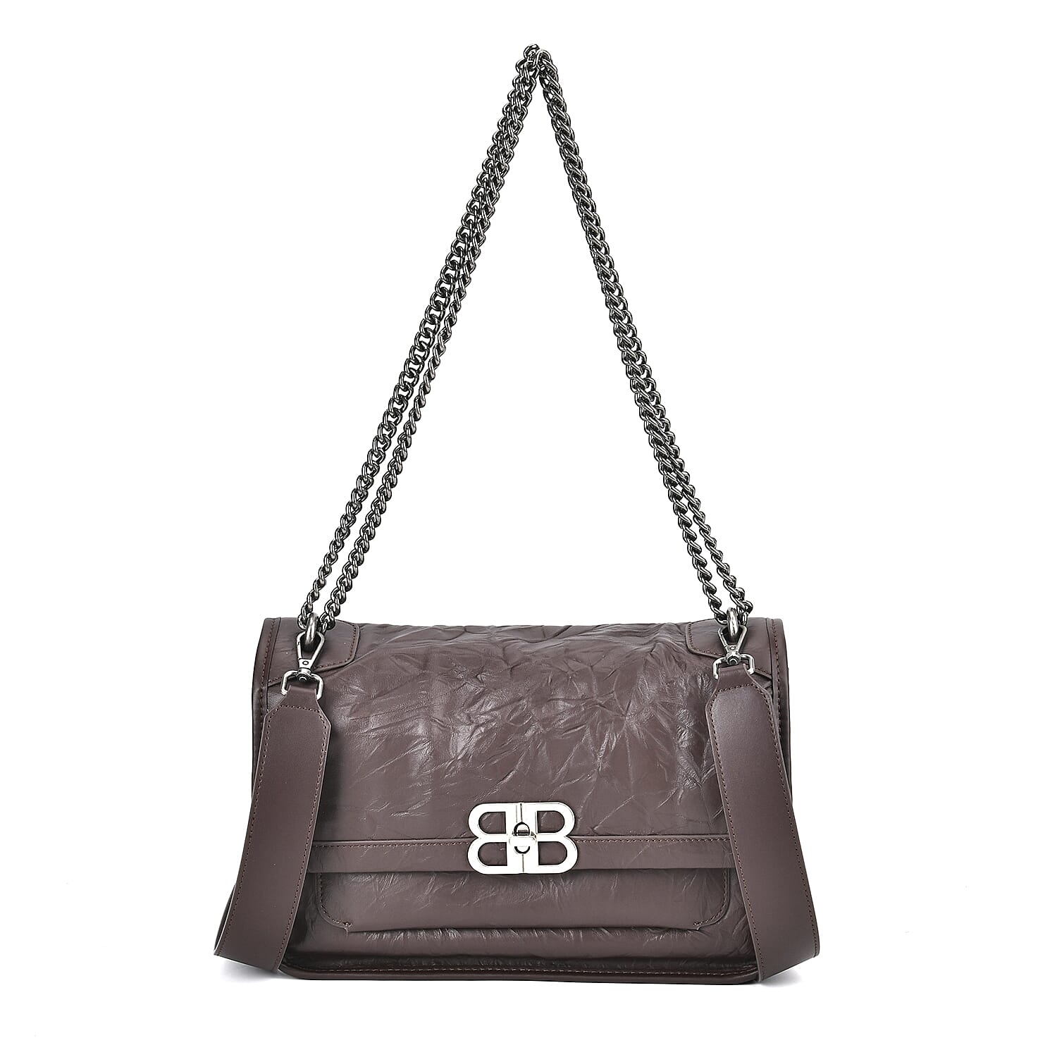 Coffee Genuine Leather Shoulder Bag (10.8"x3.9"x7") with Long Chain Strap and Leather Strap
