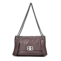 Coffee Genuine Leather Shoulder Bag (10.8"x3.9"x7") with Long Chain Strap and Leather Strap