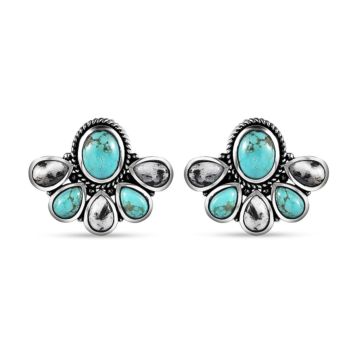 Artisan Crafted Sierra Nevada Turquoise and White Buffalo Stud Earrings in Sterling Silver 7.00 ctw