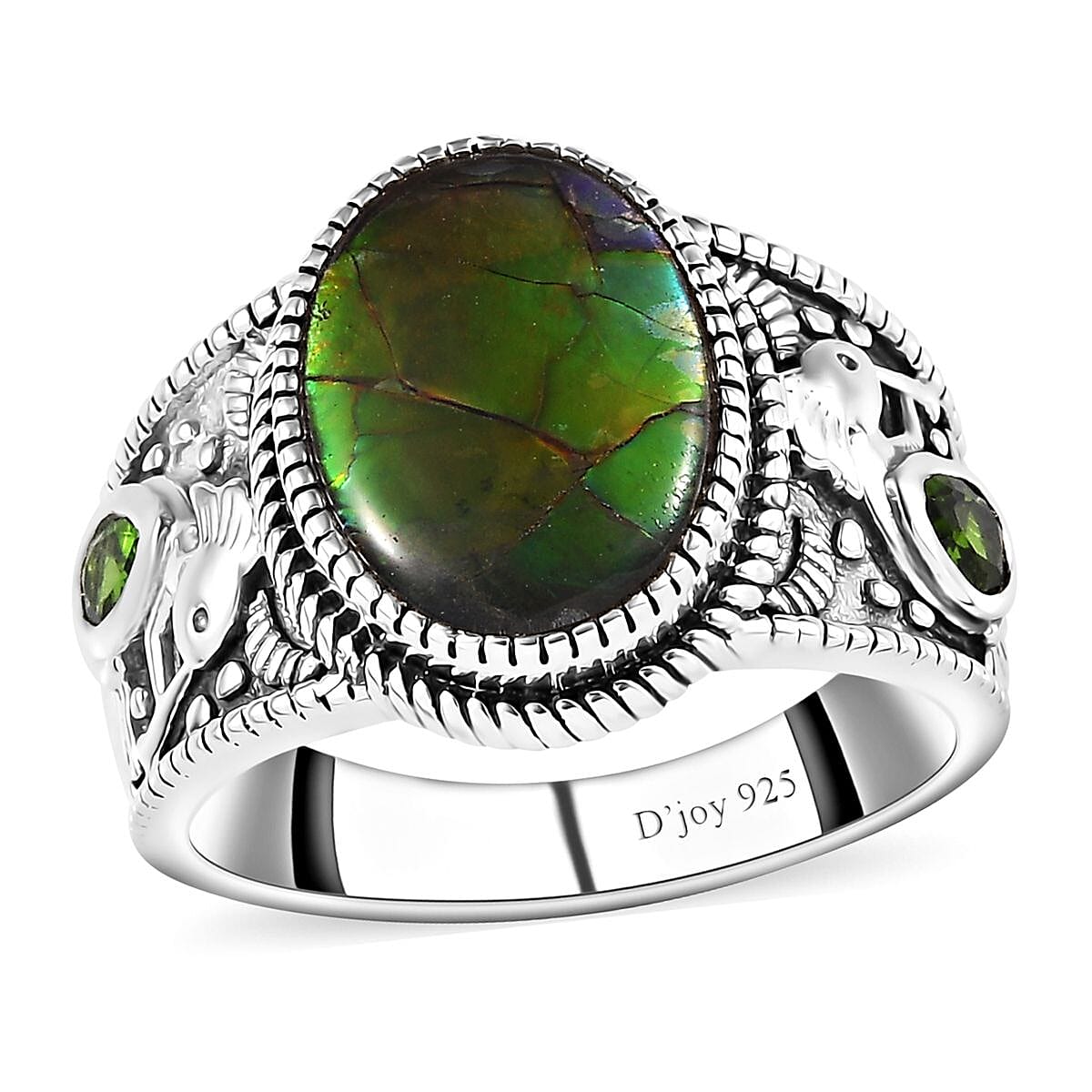 Artisan Crafted Canadian Ammolite, Chrome Diopside Ring in Sterling Silver (Size 9.0) 3.90 ctw