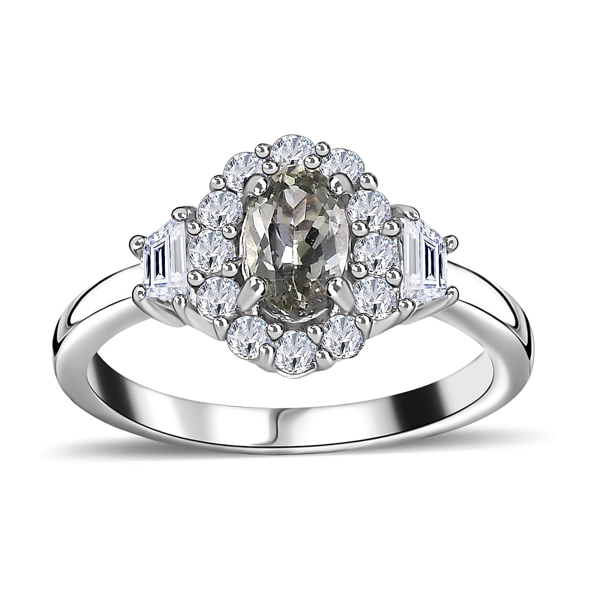 Green Tanzanite and White Zircon Ring in Platinum Over Sterling Silver (Size 10.0) 1.25 ctw