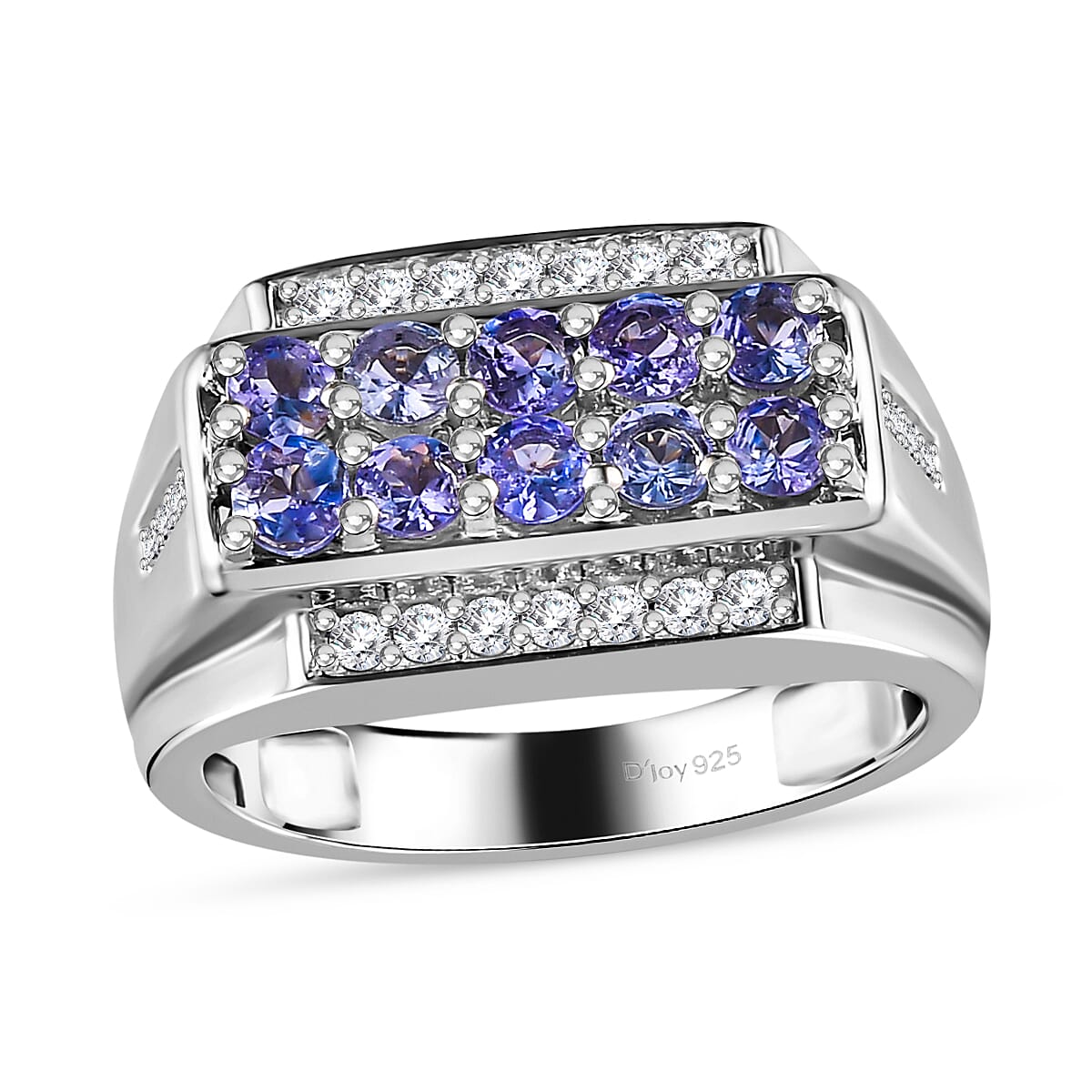 Tanzanite and White Zircon Ring in Platinum Over Sterling Silver (Size 10.0) 1.50 ctw