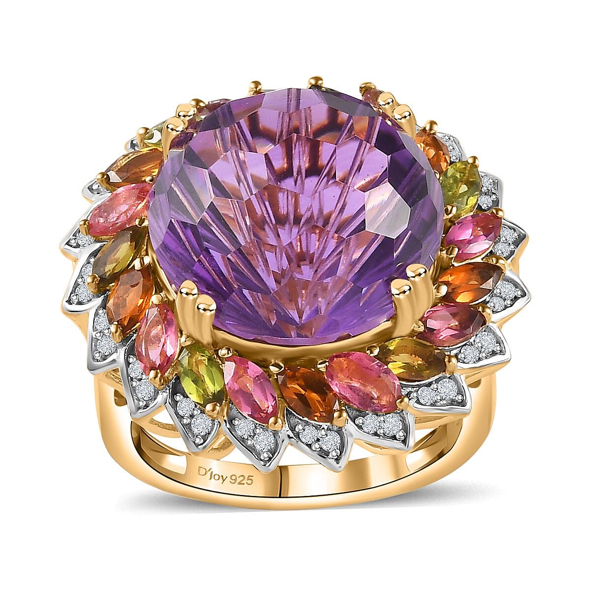 Starburst Cut African Amethyst, Multi-Tourmaline, White Zircon Ring in Vermeil YG Over Sterling Silver (Size 10.0) 15.80 ctw
