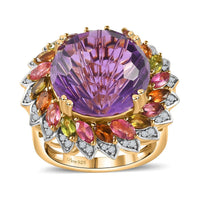 Starburst Cut African Amethyst, Multi-Tourmaline, White Zircon Ring in Vermeil YG Over Sterling Silver (Size 10.0) 15.80 ctw