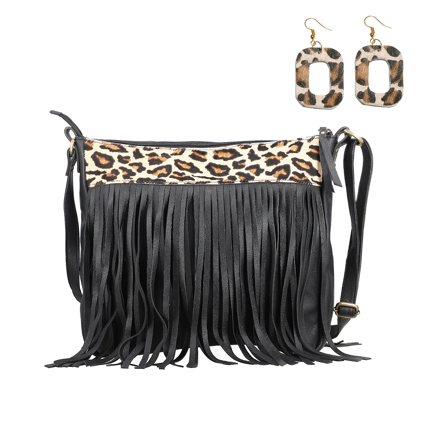 Black Genuine Leather Leopard Print RFID Messenger Sling Bag (12"x1.5"x11") with Fringes and Leather Earrings