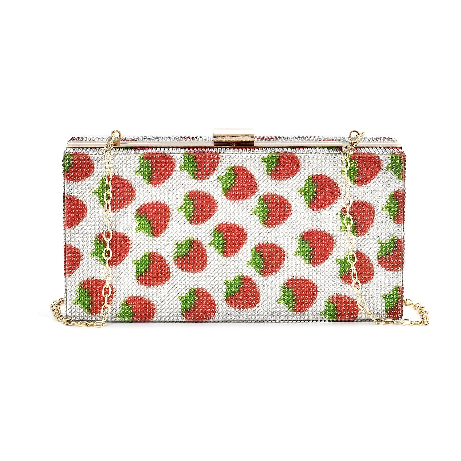 Red Strawberries Print Iron with Crystal Clutch Bag (8"x2.4"x4") with 2pcs Shoulder Chain Strap