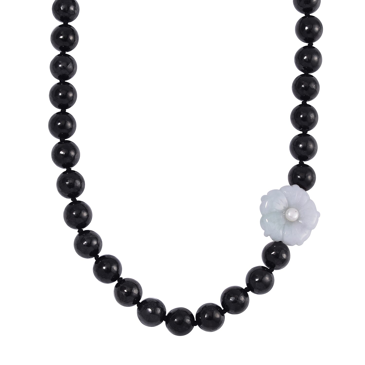 TLV White Jade Carved Flower, Freshwater Pearl, Shungite Beaded Necklace (20 Inches) in Rhodium Over Sterling Silver 461.00 ctw