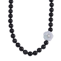 TLV White Jade Carved Flower, Freshwater Pearl, Shungite Beaded Necklace (20 Inches) in Rhodium Over Sterling Silver 461.00 ctw